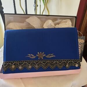 NIB Champagne Italy royal blue, rectangular purse, with lace and beads
